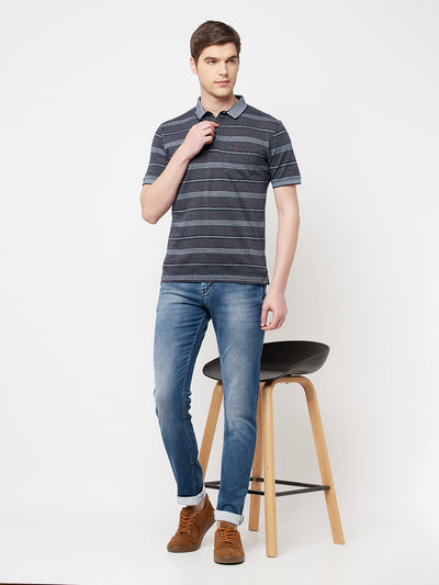 Navy Blue Striped Polo T-shirt - Men T-Shirts