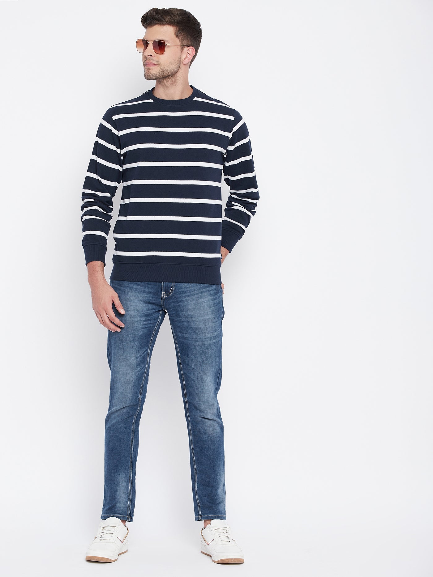 Navy Blue Striped Round Neck Sweatshirt - Men Sweatshirts