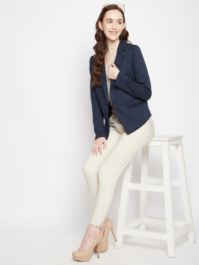 Navy Blue Notched Lapel Blazer - Women Blazer