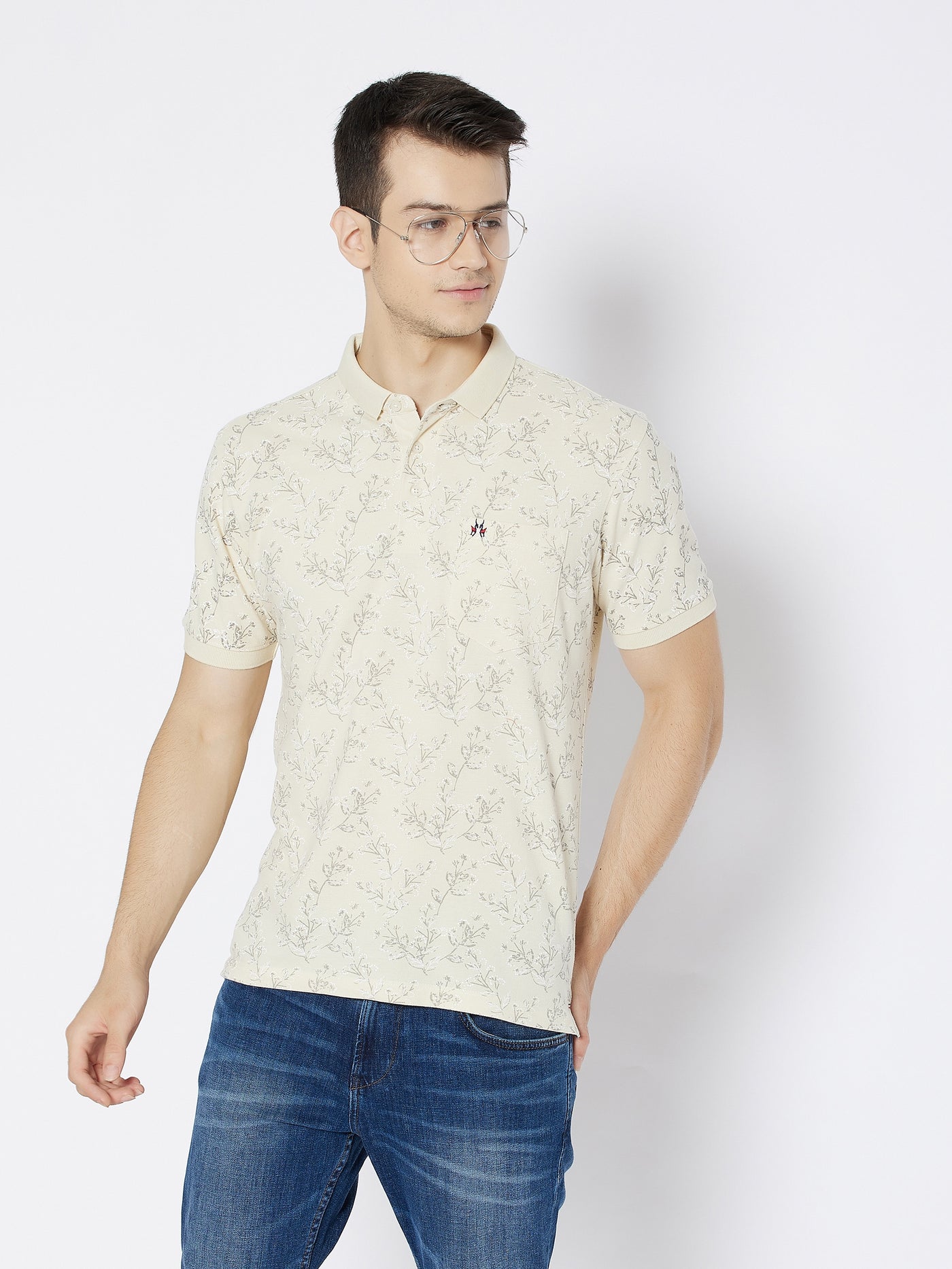 Cream Printed Polo Neck T-shirt - Men T-Shirts