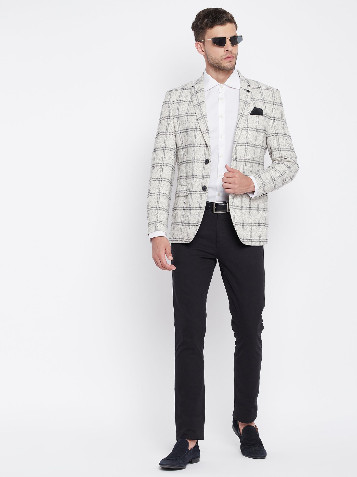 Grey Checked Notched Lapel Blazer - Men Blazers