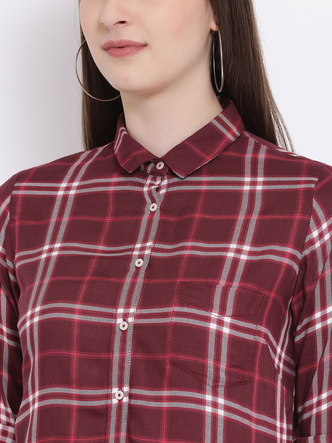 Maroon Checked Spread Collar Slim Fit Shirt - Women Shirts