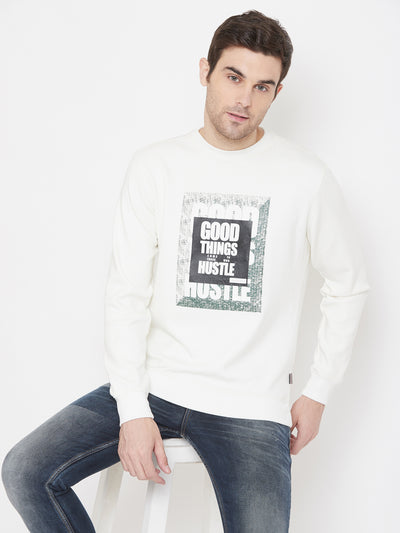 White Printed Round Neck Sweatshirt - Men Sweatshirts