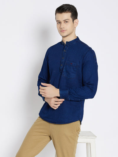 Navy Blue Slim Fit Denim Kurta - Men Kurtas