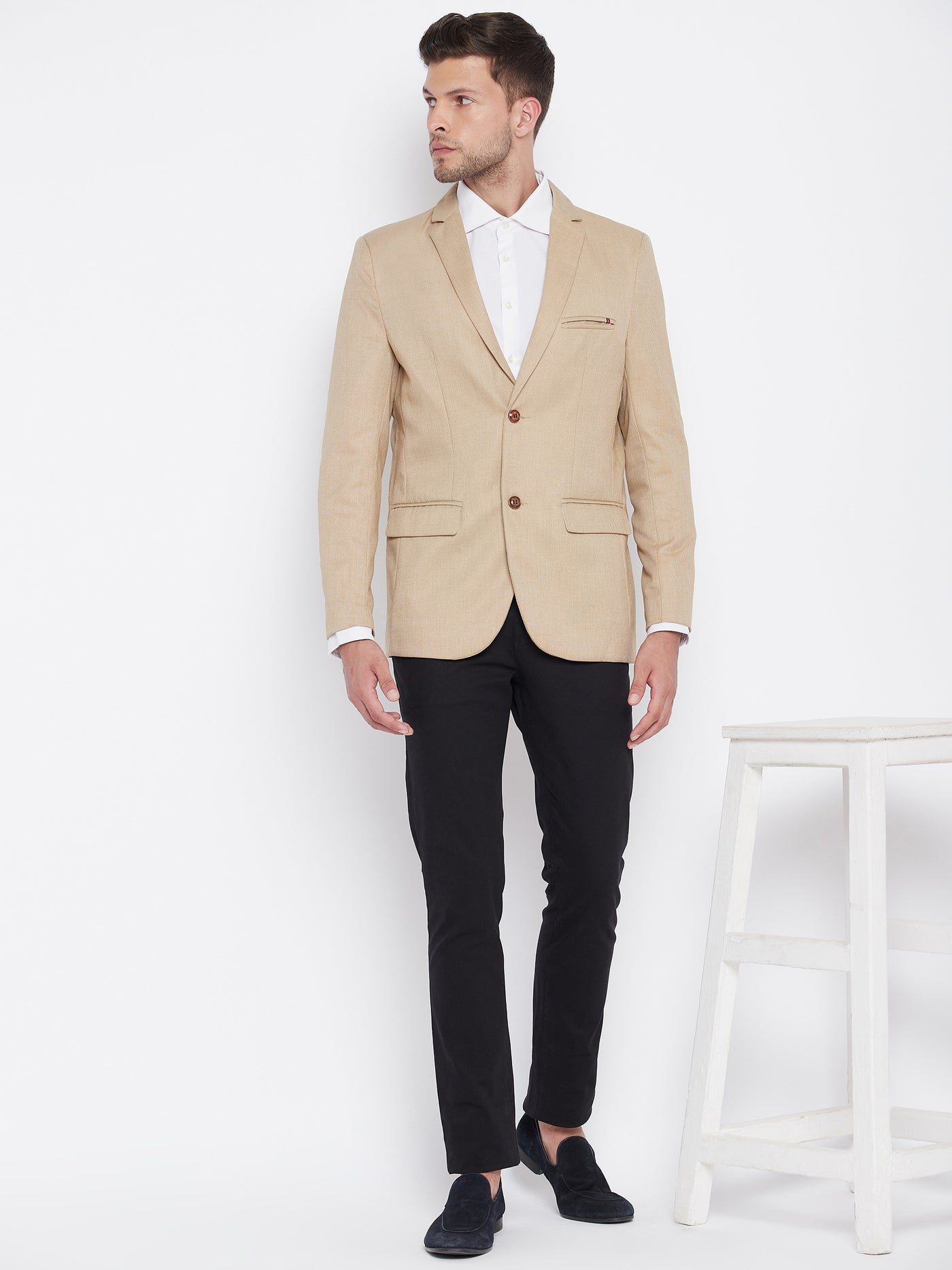 Beige Notched Lapel Blazer - Men Blazers