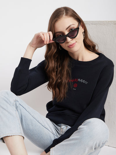 Navy Blue Printed Round Neck Sweatshirt - Women Sweatshirts