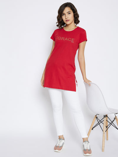 Red Printed Round Neck T-shirt - Women T-Shirts