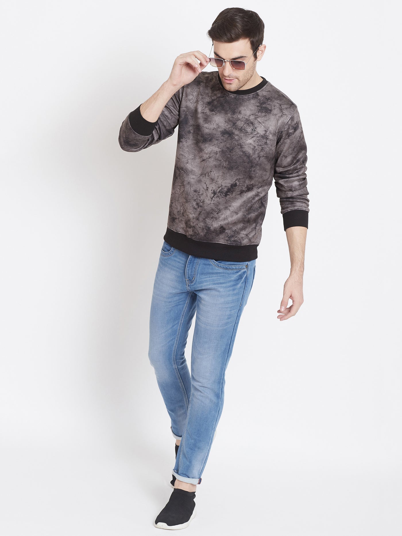 Black Printed Round Neck Sweatshirt - Men Sweatshirts