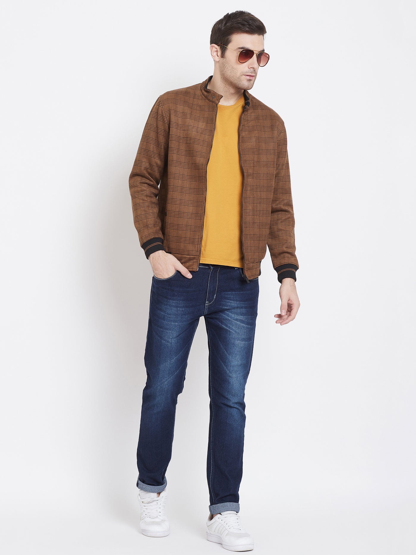 Brown Checked Mock Neck Jackets-Mens Jacket-Crimsoune Club