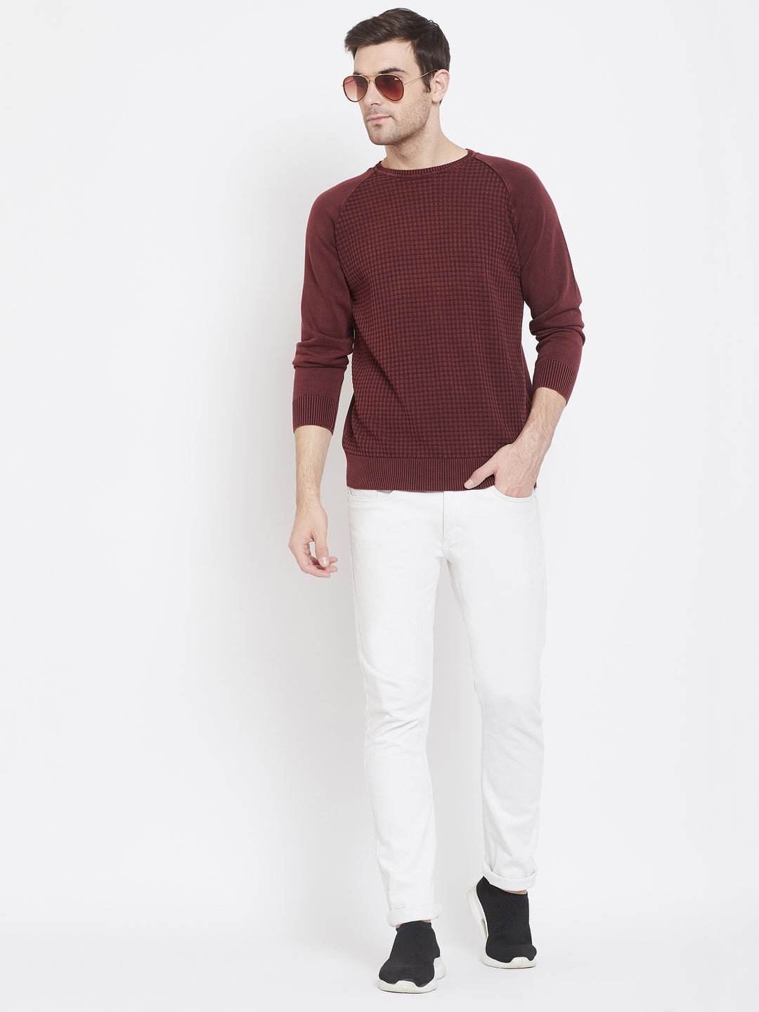 Maroon Self Design Round Neck Sweater - Men Sweaters