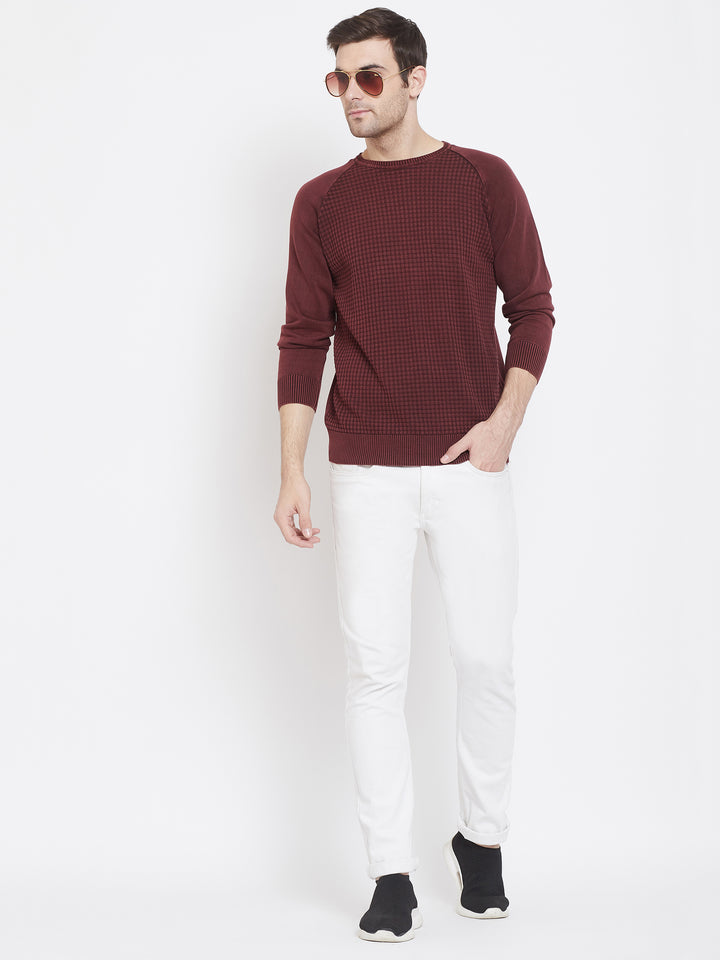 Maroon Self Design Round Neck Sweater - Men Sweaters