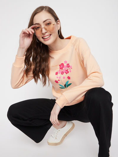 Orange Floral Round Neck Sweatshirt - Women Sweatshirts