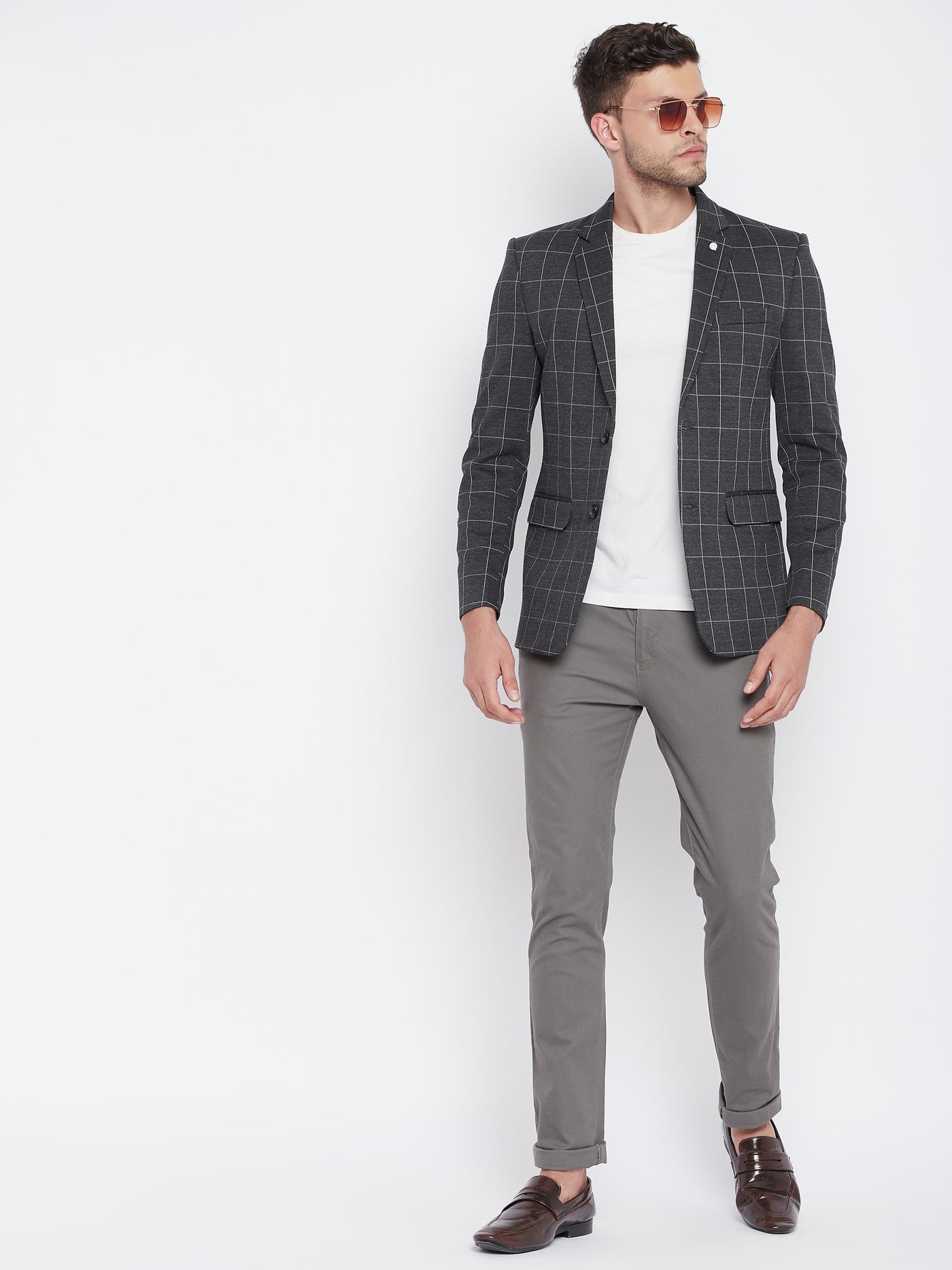 Grey Checked Notched Lapel Blazer-Mens Blazers-Crimsoune Club
