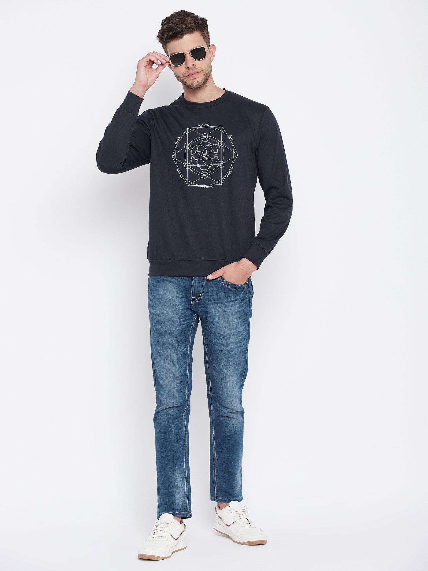 Navy Blue Printed Round Neck Sweatshirt - Men Sweatshirts