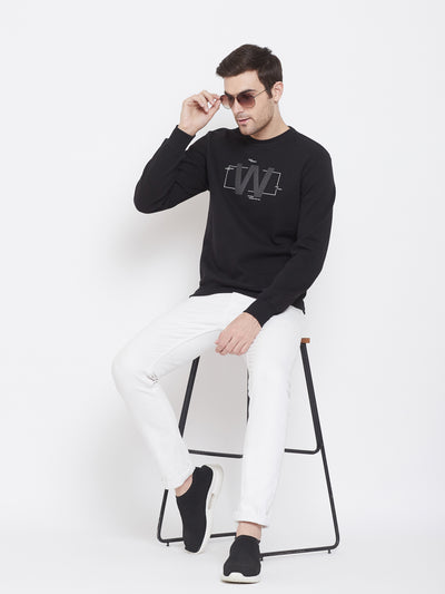 Black Printed Round Neck Sweatshirt - Men Sweatshirts