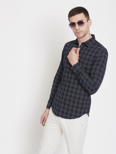 Navy Blue Checked Cotton Slim Fit shirt - Men Shirts