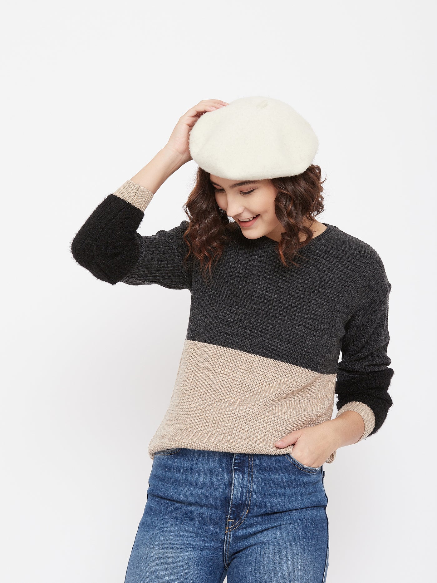 Grey Colorblocked Round Neck Sweater - Women Sweaters