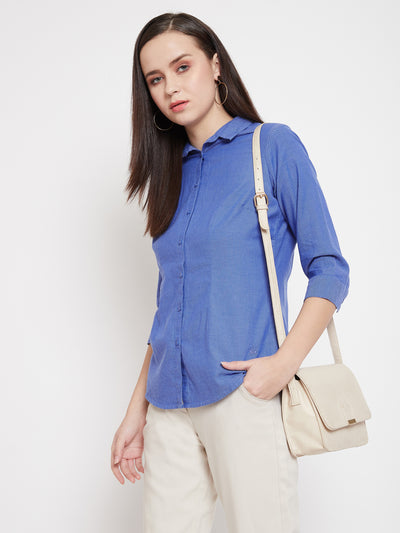 Blue Slim Fit Button up Shirt - Women Shirts