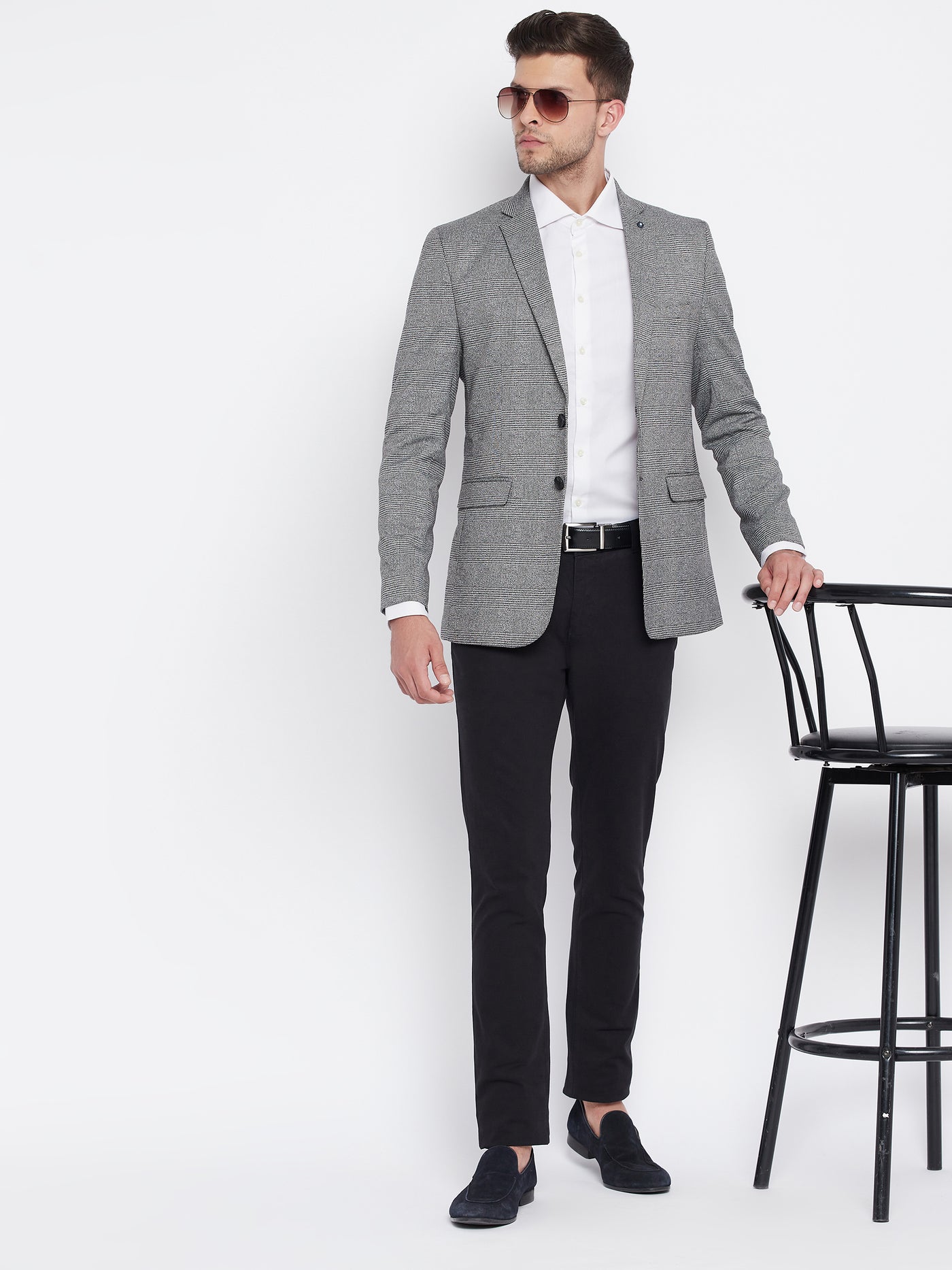 Grey Chekced Notched Lapel Blazer - Men Blazers