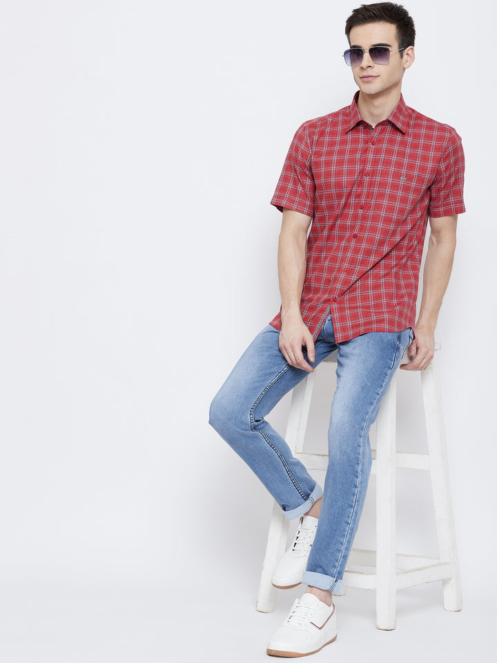 Red Checked Spread Collar Slim Fit Shirt - Men Shirts