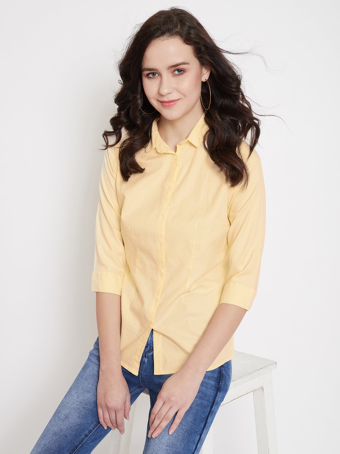 Yellow Slim Fit Cotton Shirt - Women Shirts