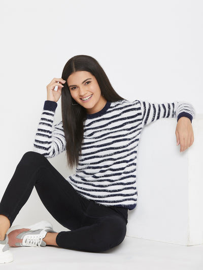 White Striped Round Neck Sweater - Women Sweaters