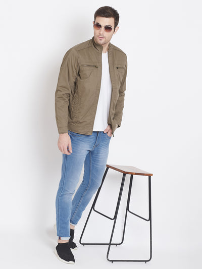 Beige Solid Mandarin Collar Jackets-Mens Jacket-Crimsoune Club