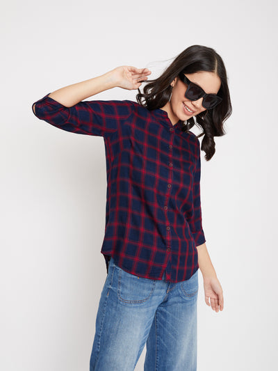 Navy Blue Checked Mandarin Collar Slim Fit Shirt - Women Shirts