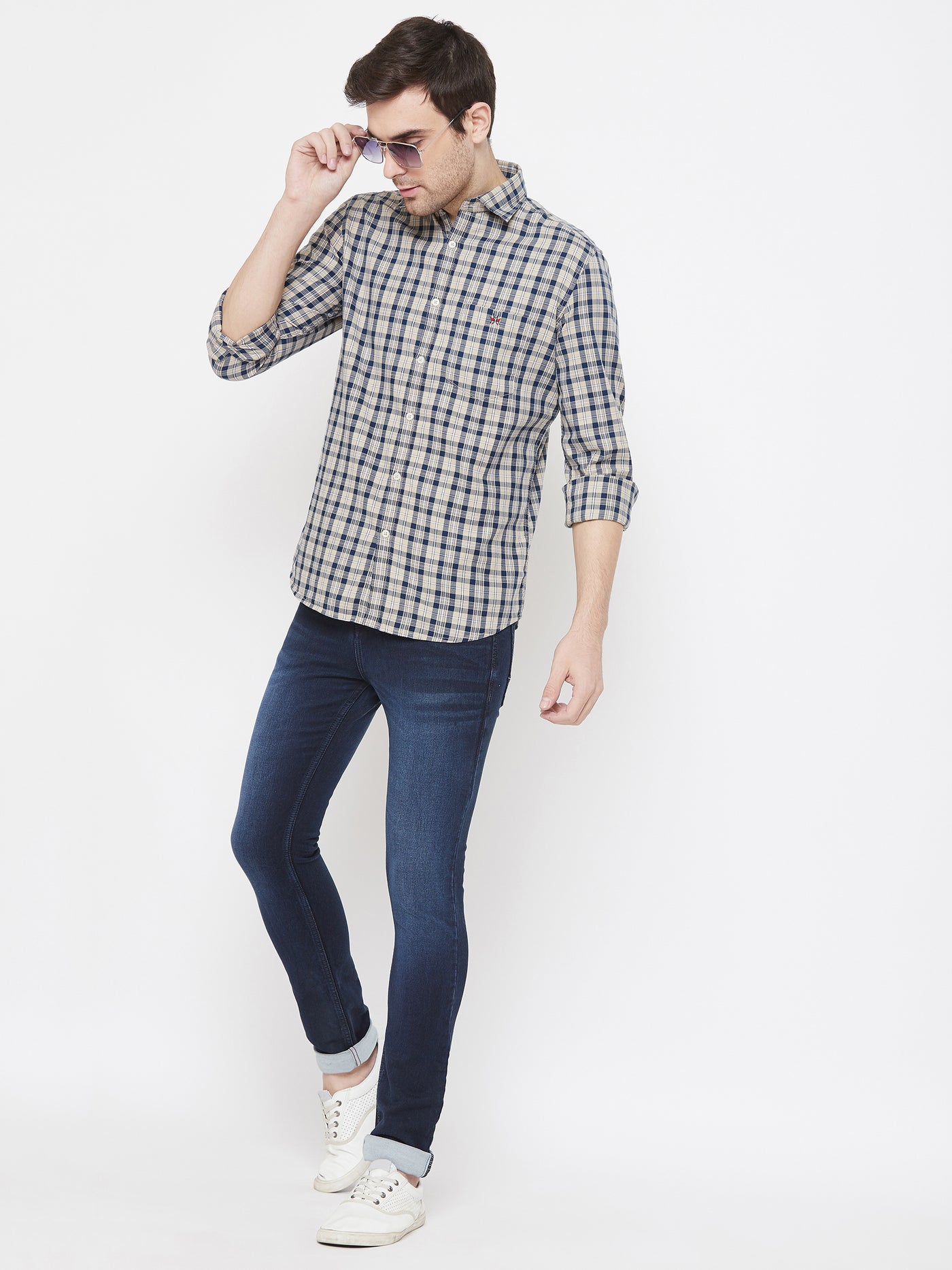 Beige Checked Spread Collar Slim Fit Shirt - Men Shirts