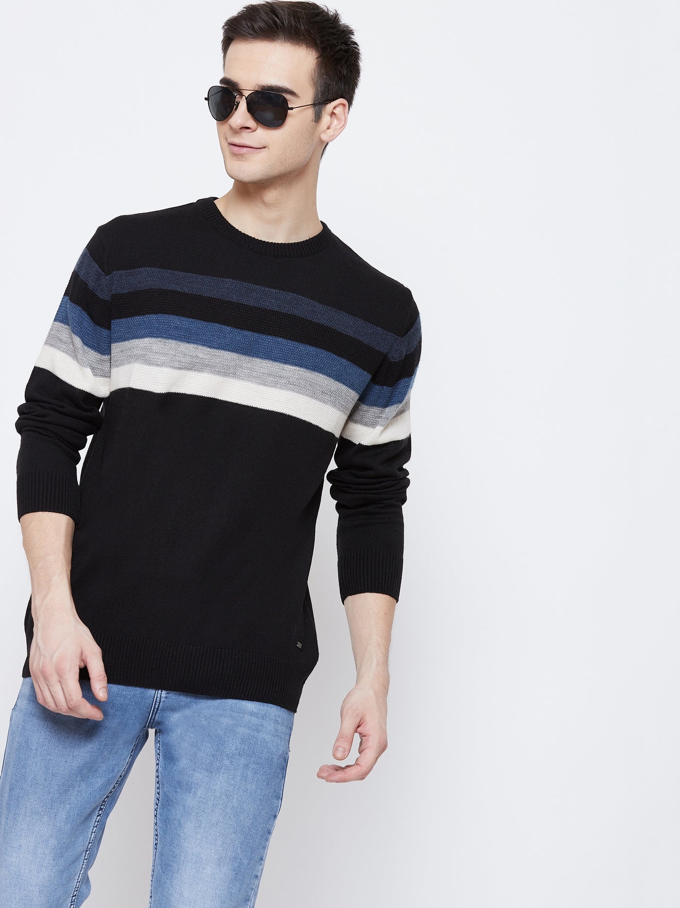 Black Colorblocked Round Neck Sweater - Men Sweaters
