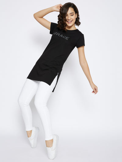 Black Printed Round Neck T-shirt - Women T-Shirts