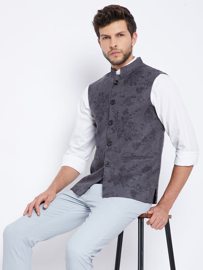 Dark Grey Floral Waistcoat - Men Waist Coat