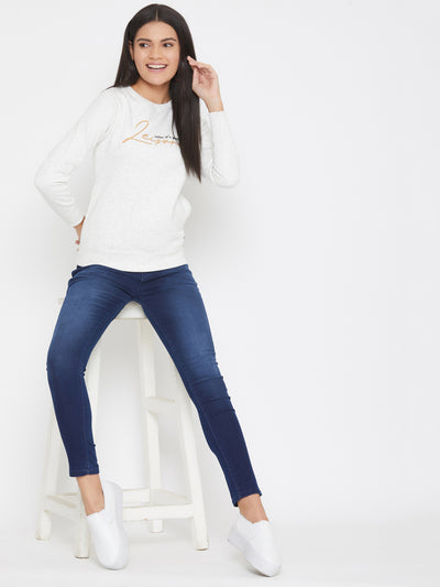 White Printed Round Neck Sweatshirt - Women Sweatshirts