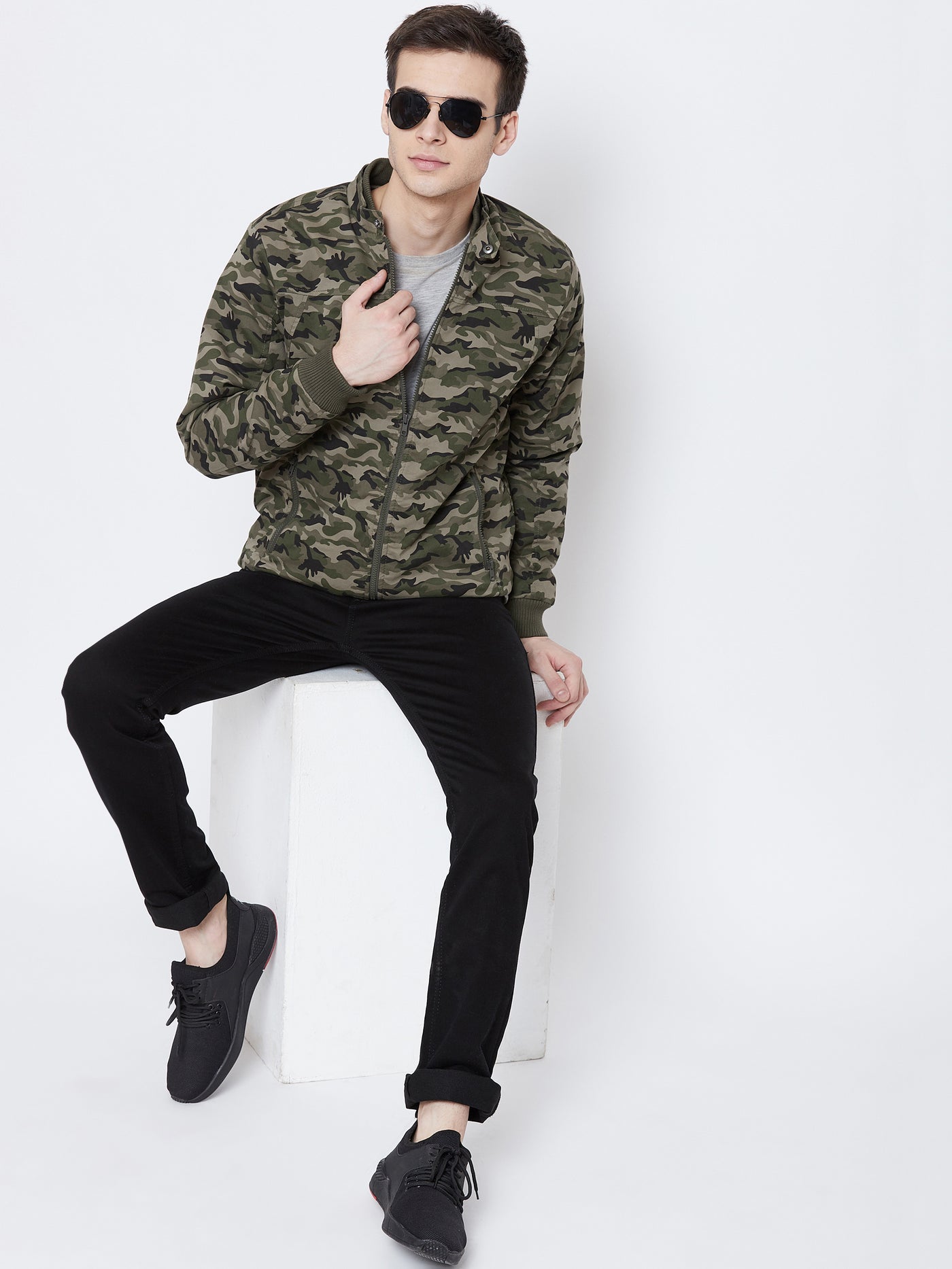 Olive Camouflage Mandarin Collar Jackets-Mens Jacket-Crimsoune Club