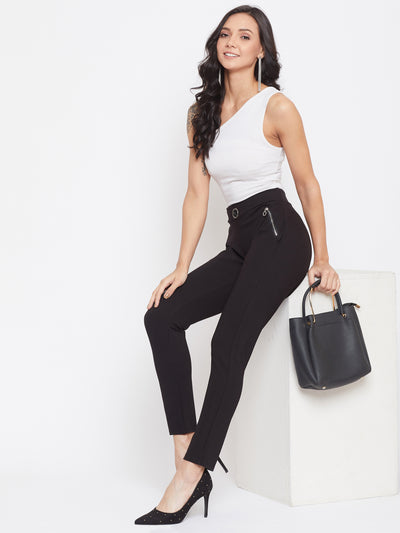 Black Solid Skinny fit Trousers-Women Trousers-Crimsoune Club