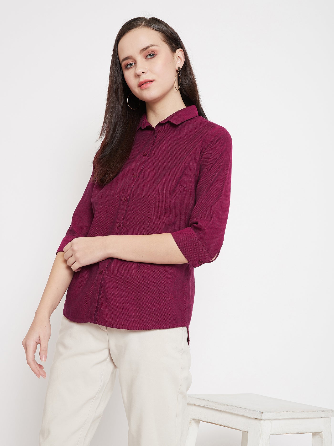 Maroon Slim Fit Button up Shirt - Women Shirts