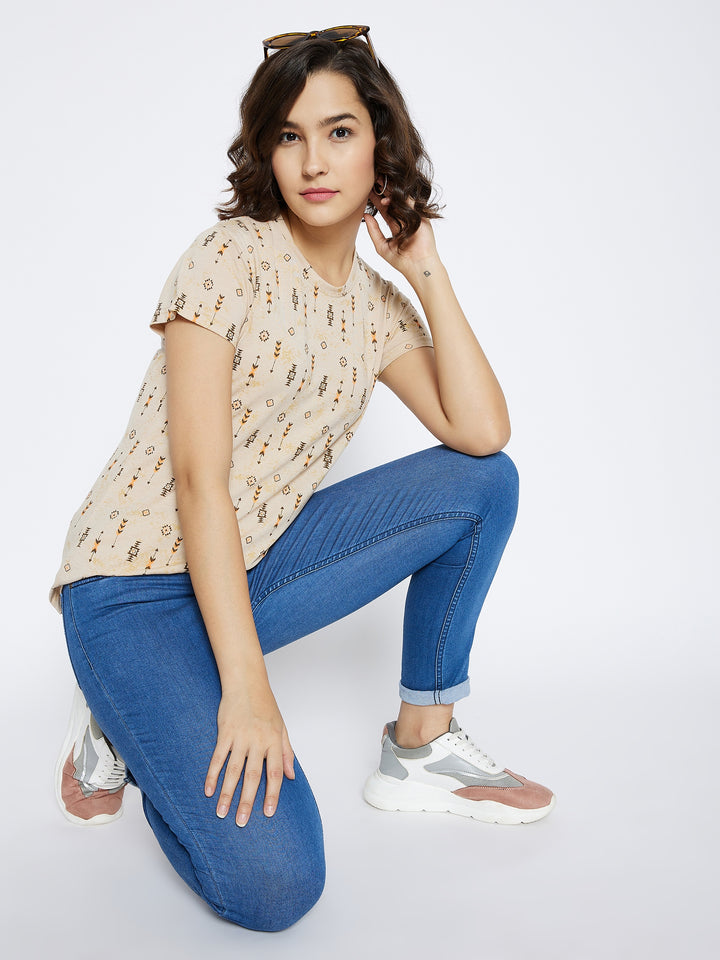 Beige Printed Round Neck T-shirt - Women T-Shirts