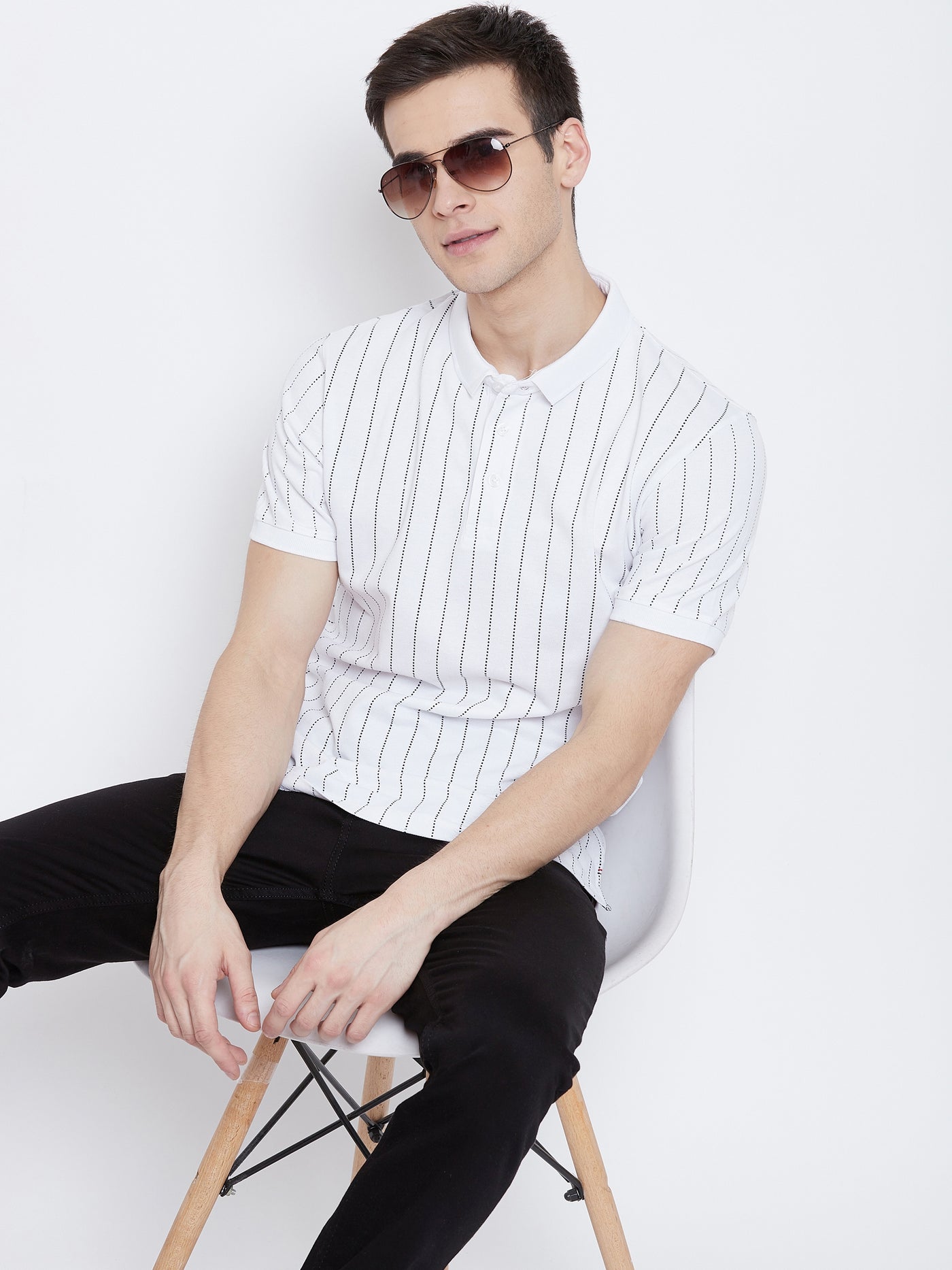 White Striped Polo Neck T-Shirt - Men T-Shirts