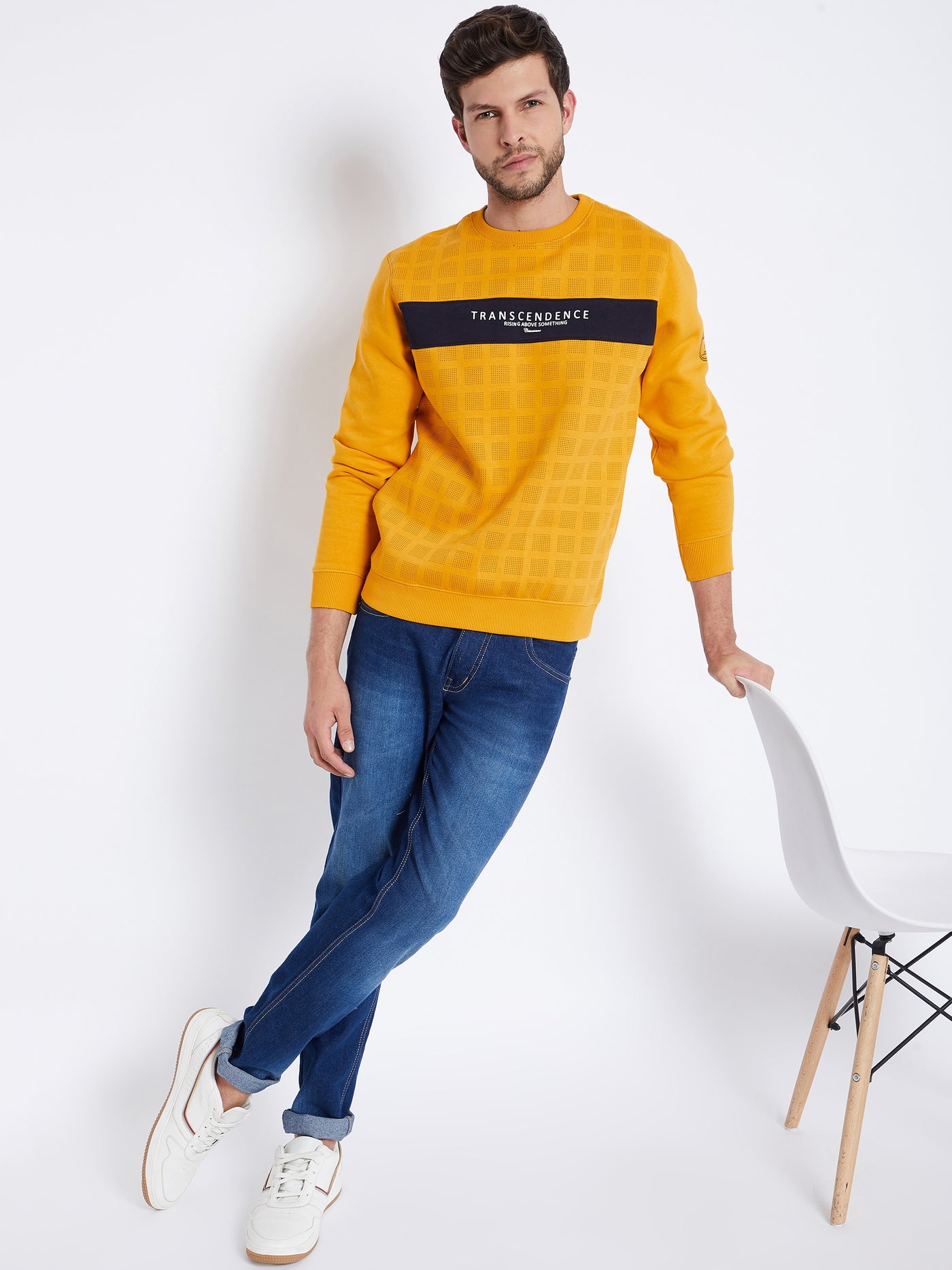 Mustard Printed Round Neck Sweatshirt - Men Sweatshirts