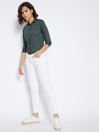 Green Floral Printed Slim Fit shirt - Women Shirts