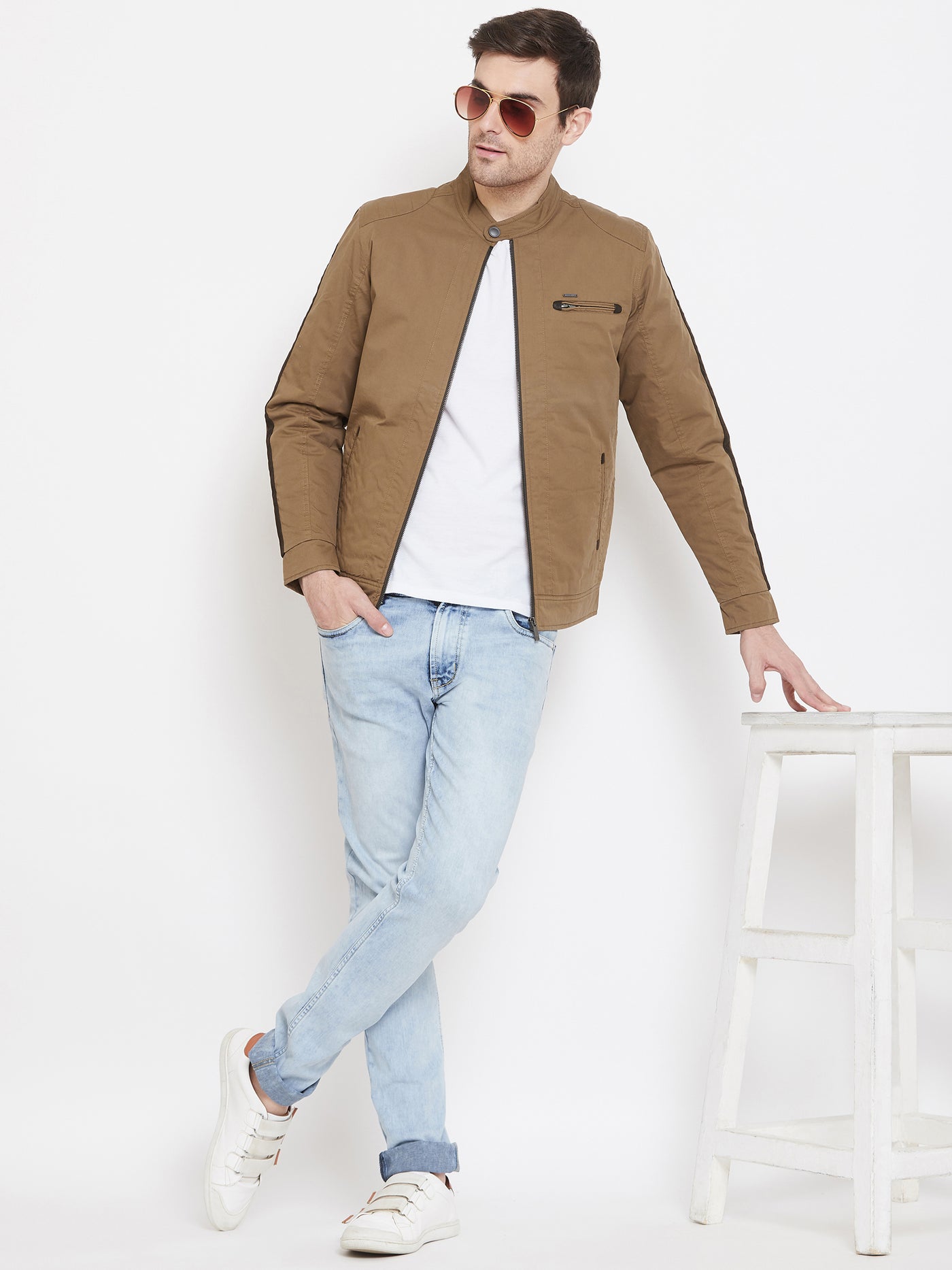 Brown Solid Mandarin Collar Jackets-Mens Jacket-Crimsoune Club