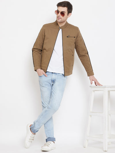 Brown Solid Mandarin Collar Jackets-Mens Jacket-Crimsoune Club