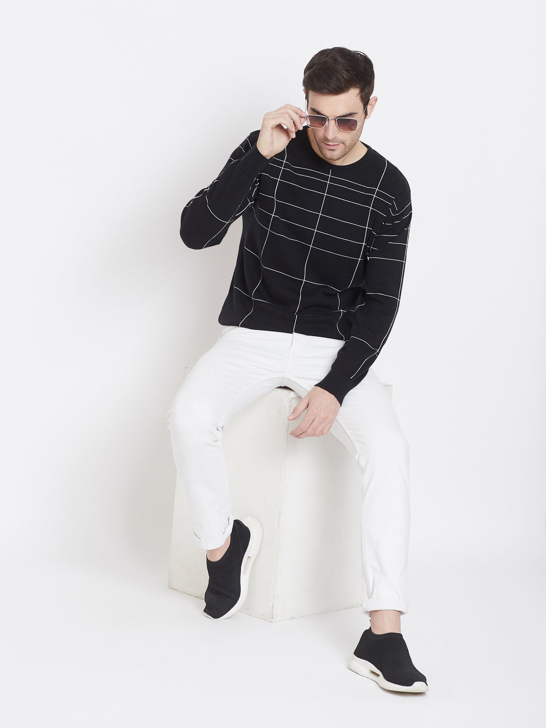 Black Printed Round Neck Sweater - Men Sweaters