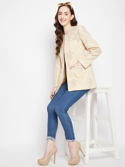 Beige Floral Round Neck Blazer-Women Blazer-Crimsoune Club