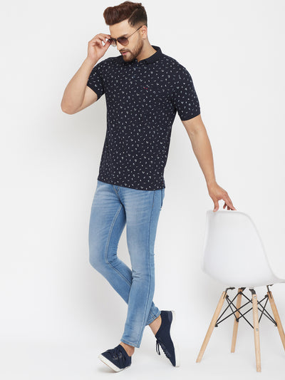 Navy Blue Printed Polo T-Shirt - Men T-Shirts