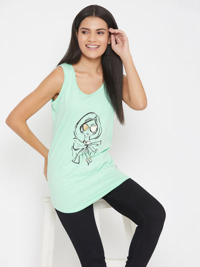 Mint Green Printed Tank Top - Women Lounge Tops