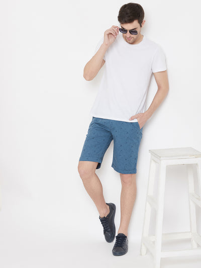 Blue Printed Slim Fit Shorts - Men Shorts