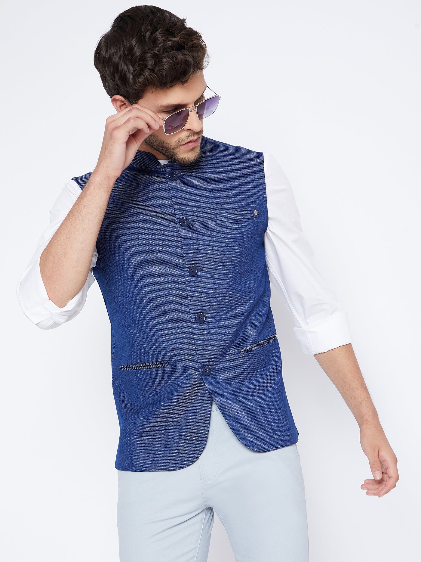 Blue Printed Waistcoat - Men Waist Coat