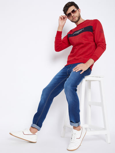 Red Printed Round Neck Sweatshirt - Men Sweatshirts