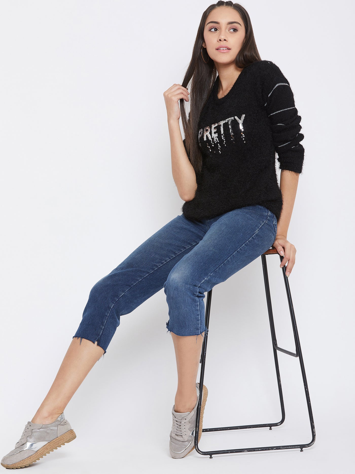 Black Printed Slim Fit Sweater Top - Women Sweaters